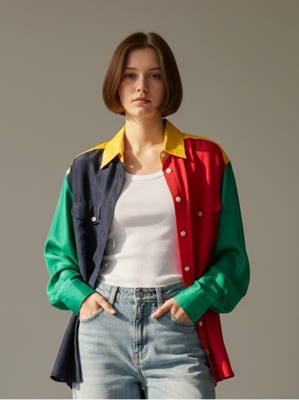 ❤️💚💛 Vintage LisWear 100% Silk Colorblock Shirt